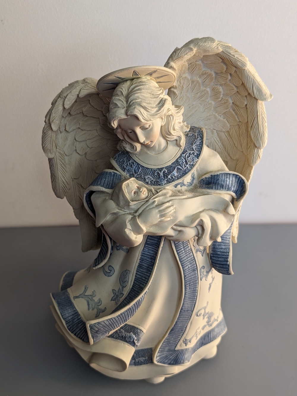 Sarah's Angels Musical Figurine Angel with Baby Blue 8.5" Spiritual Mothers Boys